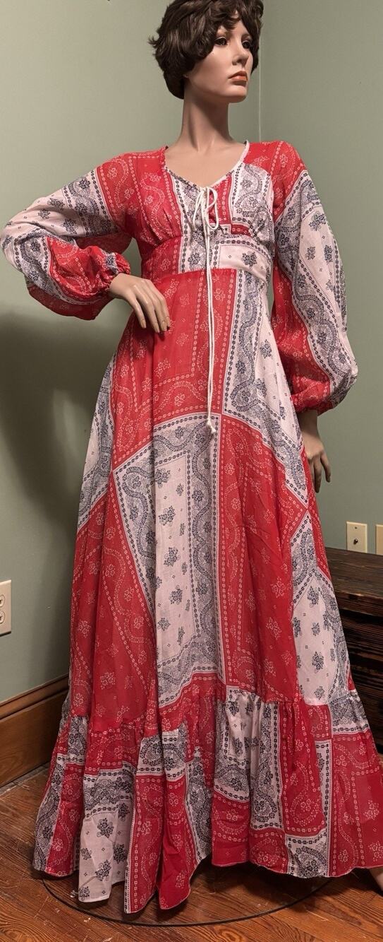 Vintage Gunne Sax Jessica Red/White/Blue Floral Lace up Maxi DRESS 70s Boho
